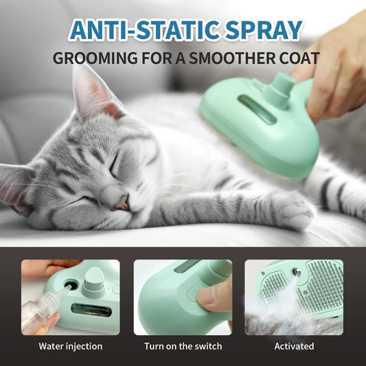 Steam Pet Brush for Shedding, 3 In 1 Self Cleaning Anti-Static Steamy Hair Brush, Reduces Loose Hair and Shedding for Long and Short Hair Pets Grooming, Green