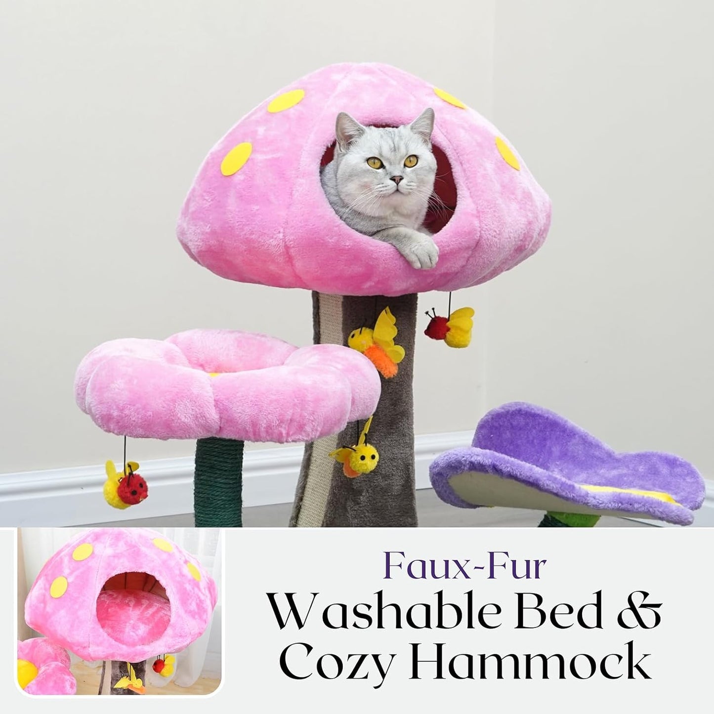 Catry® Wonderland 3-Level 31" Cat Tree with Mushroom Condo, Flower Perch, Sisal Scratching Pad, Parts Replaceable, Garden Style with Bee Toys. Multi- Color