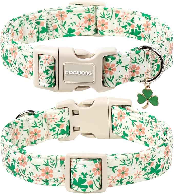 DOGWONG St Patrick's Dog Collar, Green Clover Pet Collar Cotton Flower Shamrock Pet Collar Cute Puppy Collar Adjustable Pet Dog Collars for Medium Dogs,M