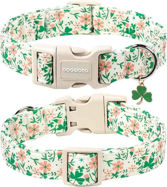 DOGWONG St Patrick's Dog Collar, Green Clover Pet Collar Cotton Flower Shamrock Pet Collar Cute Puppy Collar Adjustable Pet Dog Collars for Small Dogs