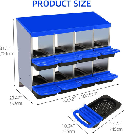 Chicken Nesting Boxes, 8 Hole Metal Chicken Laying Box with with Removable Trays and Roll Out Egg Collection for Chicken Coop, Blue