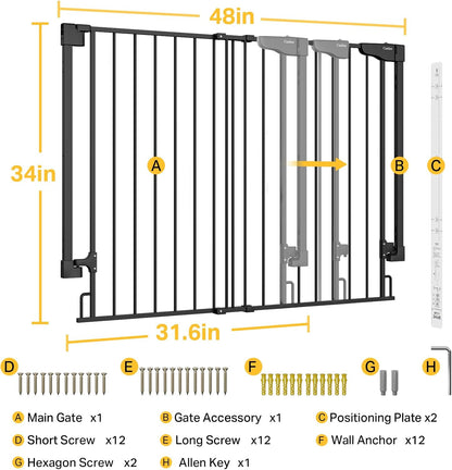 Cumbor 34" Extra Tall No Bottom Bar Baby Gate for Stairs, Auto Close Dog Gate Indoor for Larger Pets, 31.6-48" Hardware Mounted Safety Gate for Doorways, Wide Walk Thru Door for Easy Access (Black)