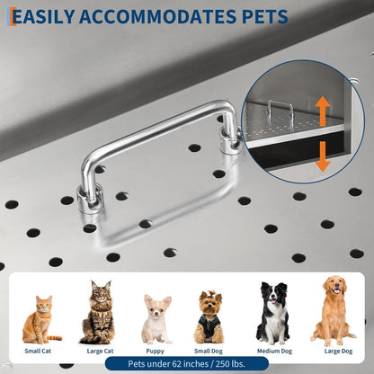 Stainless Steel Dog Washing Station - Dog Bath Tub for Large, Medium, Small Dogs, Pet Grooming Tub with Ramp, Non-Slip Grate, Shower, Soap Box, Faucet, Drain for Home & Outdoor （Left RAMP, 62"）