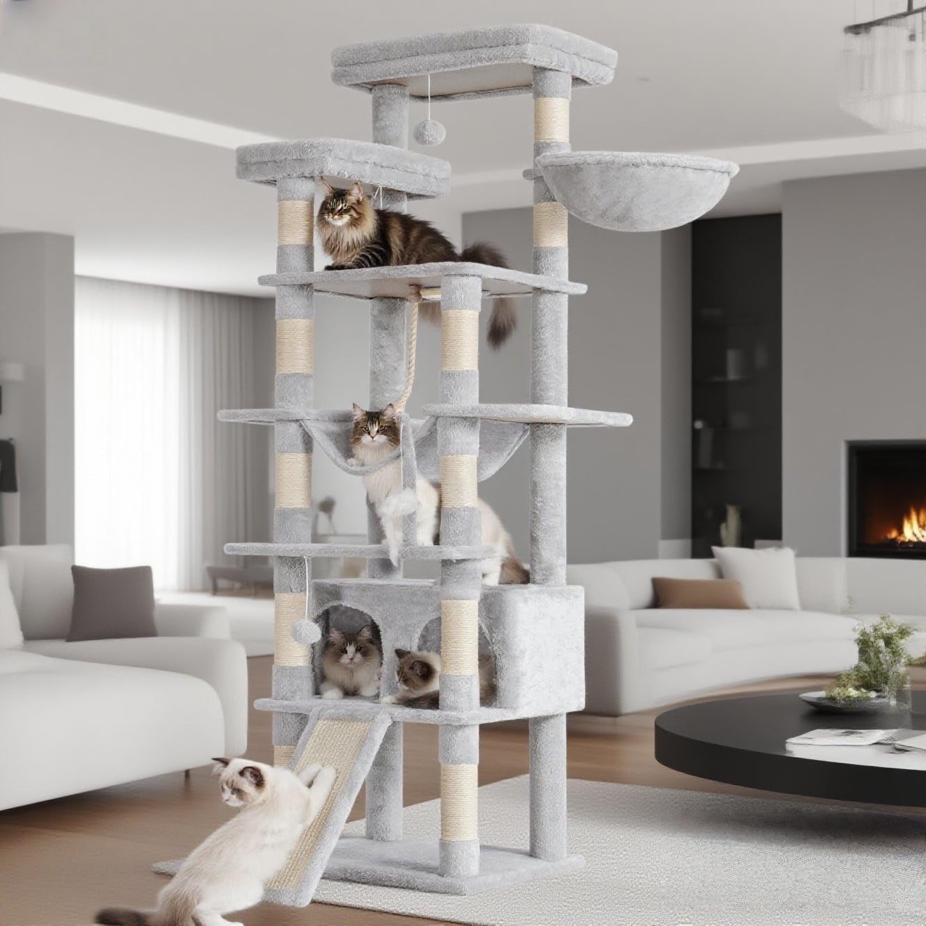 Heybly Tall Cat Tree, 78-inch Multi-Level Cat Tower for Indoor Cats, 2 Widened Plush Perches Cat Condo with Scratching Board and Big Caves, Light Gray HCT033W