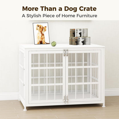 32 Inch Heavy Duty Wooden Dog Kennel End Table with Double Door Design and Secure Locks, Indoor Pet Crate Furniture for Medium Dogs, Decorative Home Cage Design,White
