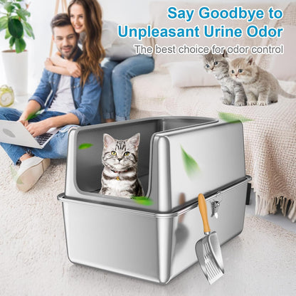 16'' High Sides XXXL All Stainless Steel Cat Litter Box with Lid,8'' Deep Metal Litter Box for Big Cats,Extra Large Litter Boxes with High Wall Enclosure,Anti-Leakage,Never Absorbs Odors,Non-Sticky