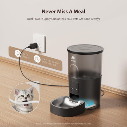 Automatic Cat Feeder, 5G WiFi Cat Food Dispenser with APP Remote Control, Pet Dry Food Smart Feeder, Programmable Timed Feeding, Dual Power Supply, 1-10 Meals Per Day, Stainless Steel Bowl
