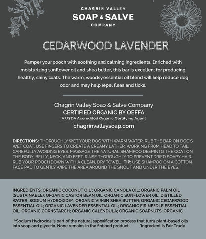 Chagrin Valley Soap & Salve Certified Organic Dog Shampoo and Conditioner - Dog Shampoo Itchy Skin Relief and Puppy Essentials - Natural Handmade Cedarwood Lavender, 3.8 oz Bar Soap