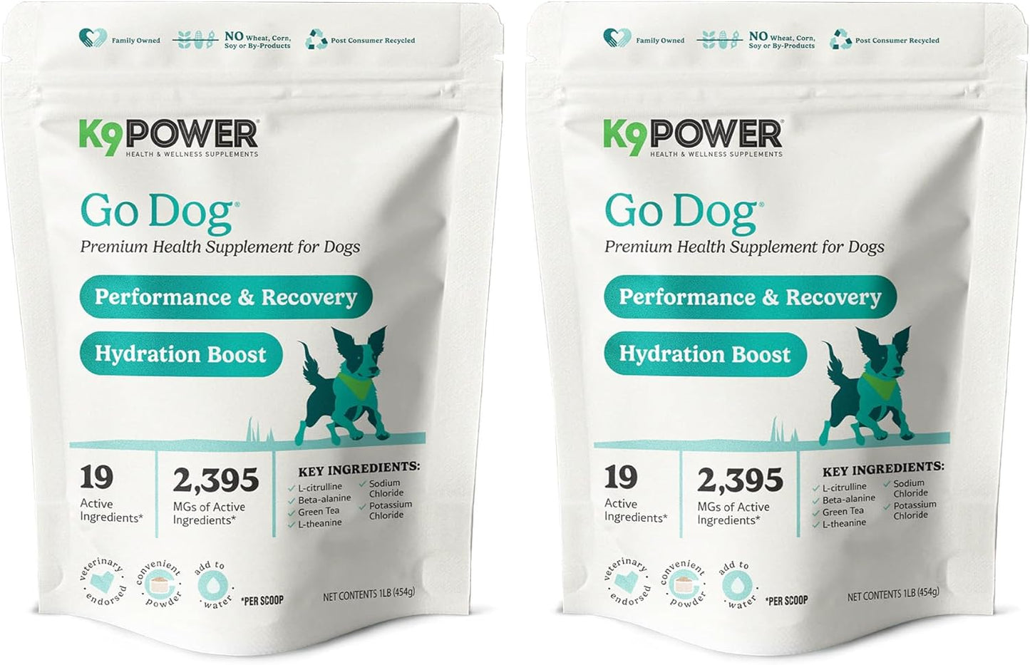 K9 Power Go Dog Hydration & Performance Drink Mix 1 lb - Active Dog Supplement for Muscle Function, Endurance, Recovery, with Electrolytes Support - Pack of 2