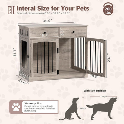 40 Inch Furniture-Style Dog Crate-Multipurpose Wood Pet Crate Furniture with Double Doors,2 Drawers, Decorative Dog House Indoor for Smal/Medium Dogs, Gray Finish