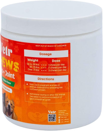 Vetr Hip and Joint Chicken Flavored Chews for Dogs - Glucosamine Chondroitin MSM Supplement - 60 Chewable Tablets - Vet-Formulated in USA