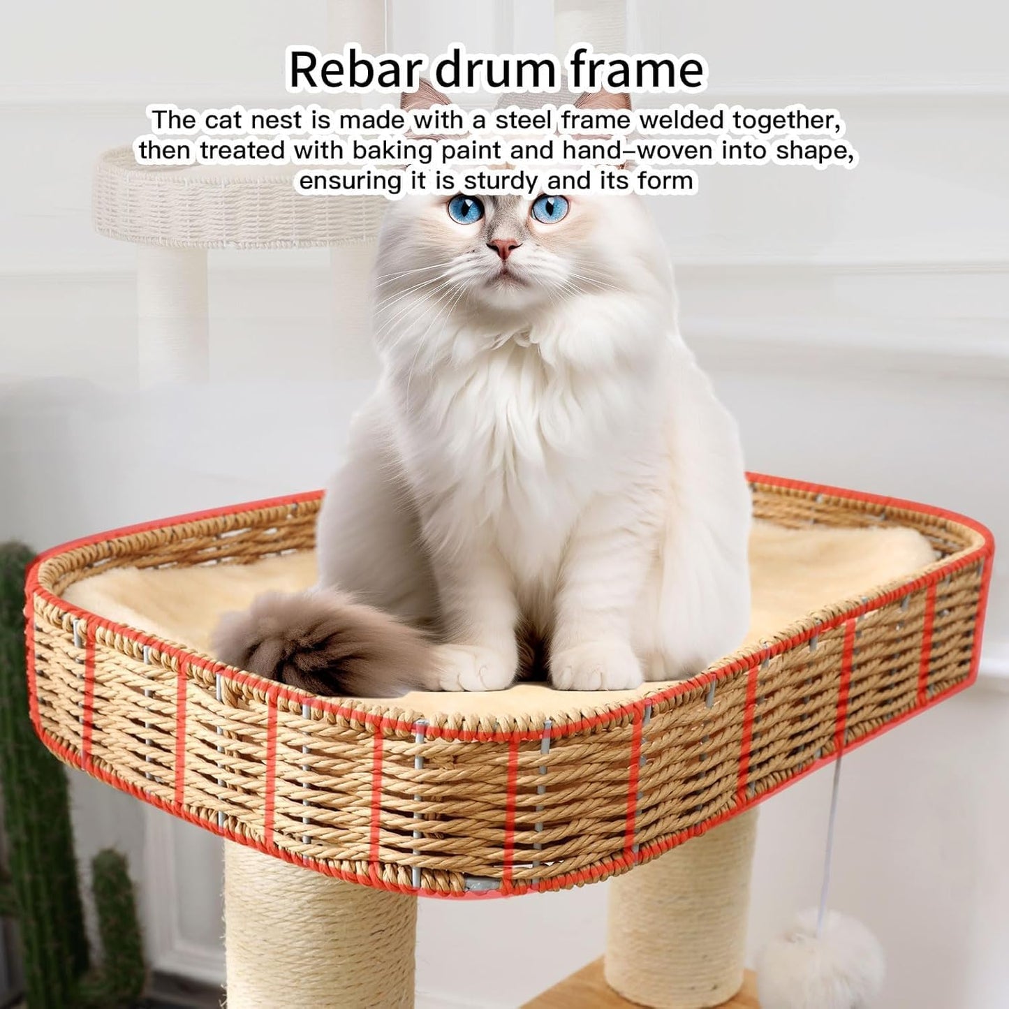 34 Inch Solid Wood Cat Tree Tower with Space Capsule, Hand-Woven Basket Nest, Feather Toy, Hanging Balls, Sisal Posts, 4-Tier Indoor Climbing Cat Tower for Kittens