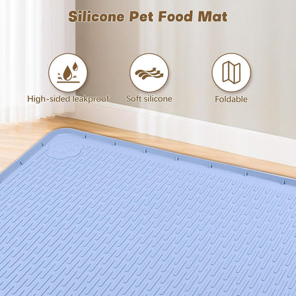 Cat Food Mat, 40" x 28" Extra Large Silicone Pet Feeding Mat with Raised Edge Pet Placemat for Food and Water Bowl Non-Slip, Easy to Clean, Floor Protection (Blue)