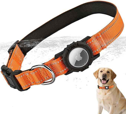 Airtag Dog Collar with Waterproof Air Tag Holder, Integrated Reflective Pet Collar with Soft Padding, Adjustable Nylon Collar for Small Medium Large Dogs, Orange, XS (9.5"-11.8")