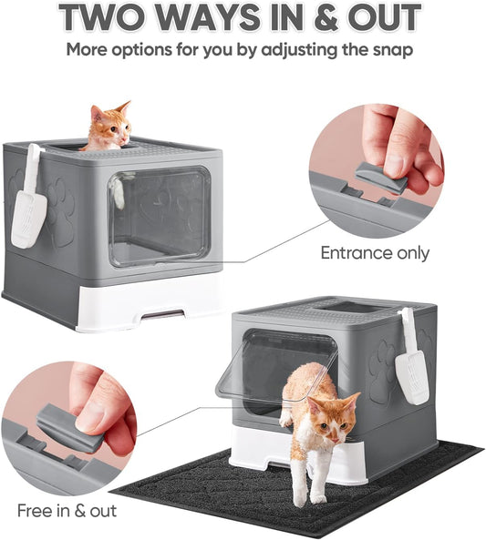 Cat Litter Box with X-Large Litter Mat and Scoop, Large Foldable Litter Box with Lid, Enclosed Kitty Box,Front Top Entry Exit, Odor Control Easy to Clean (Upgrade Dark Grey)