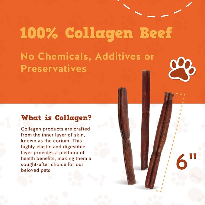 Jack&Pup 6" Beef Collagen Sticks for Dogs - Rawhide Free Dog Chews Long Lasting Collagen Chews for Dogs - Bully Sticks Alternative (4 Pack)