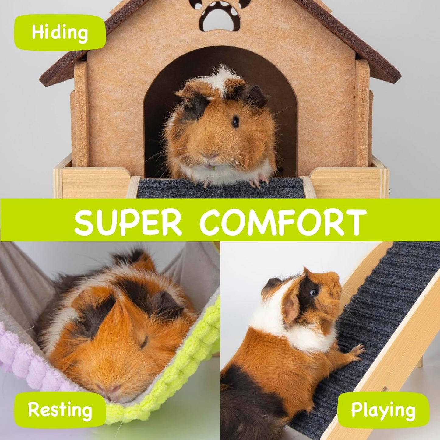 3 in 1 Enlarged Guinea Pig Hammock,Wooden Guinea Pig Hideout with House & Platform & Stairs Small Animal Toys for Hiding Sleeping Activities