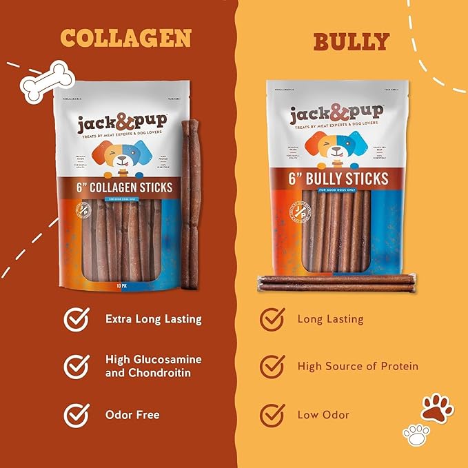 Jack&Pup 6" Beef Collagen Sticks for Dogs - Rawhide Free Dog Chews Long Lasting Collagen Chews for Dogs - Bully Sticks Alternative (4 Pack)