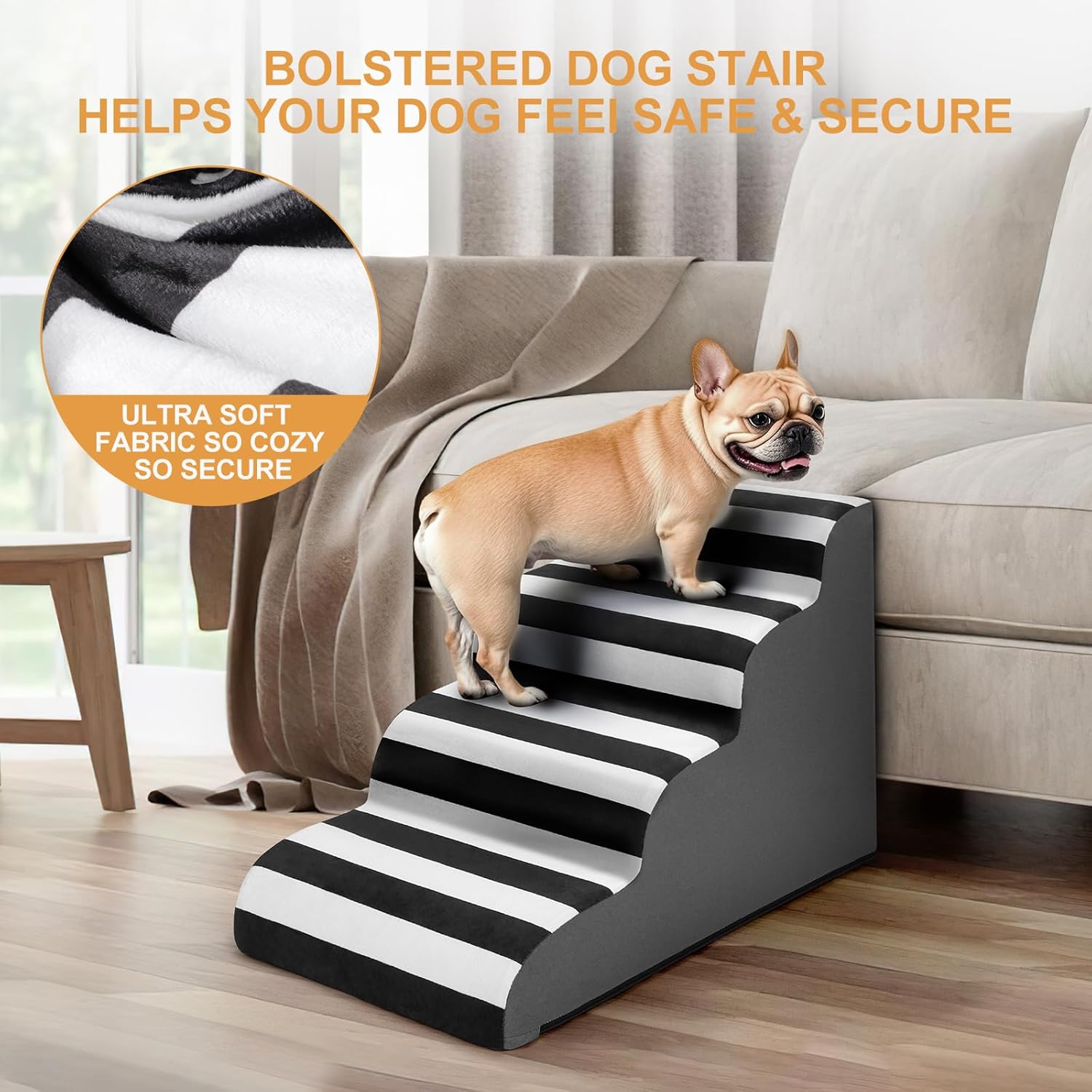 JOEJOY Curved Dog Stairs Ramp for Small Dogs 15.5" H, 3-Step Dog Stairs for High Beds and Couch, Pet Steps for Small Dogs and Cats, Non-Slip Balanced Pet Step Indoor - Pawvie