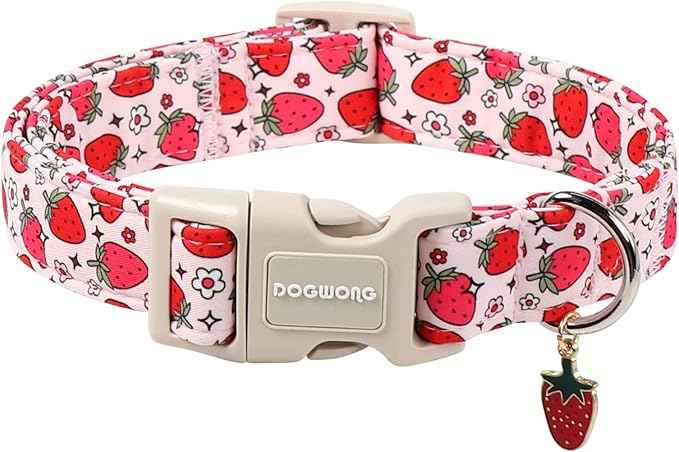 DOGWONG Strawberry Dog Collar, Cute Pink Strawberry Pet Collars with Quick Release Buckle for Puppy Small Medium Large Boy Girl Dogs-M