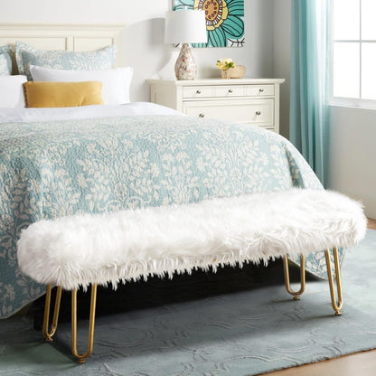 42.5Inch White Bedroom Bench, Benches for Bedroom White Faux Fur Upholstered Bed end Bench, Tufting Bench Indoor Bench with Metal Legs for Living Room Bedroom Dining Room Entryway