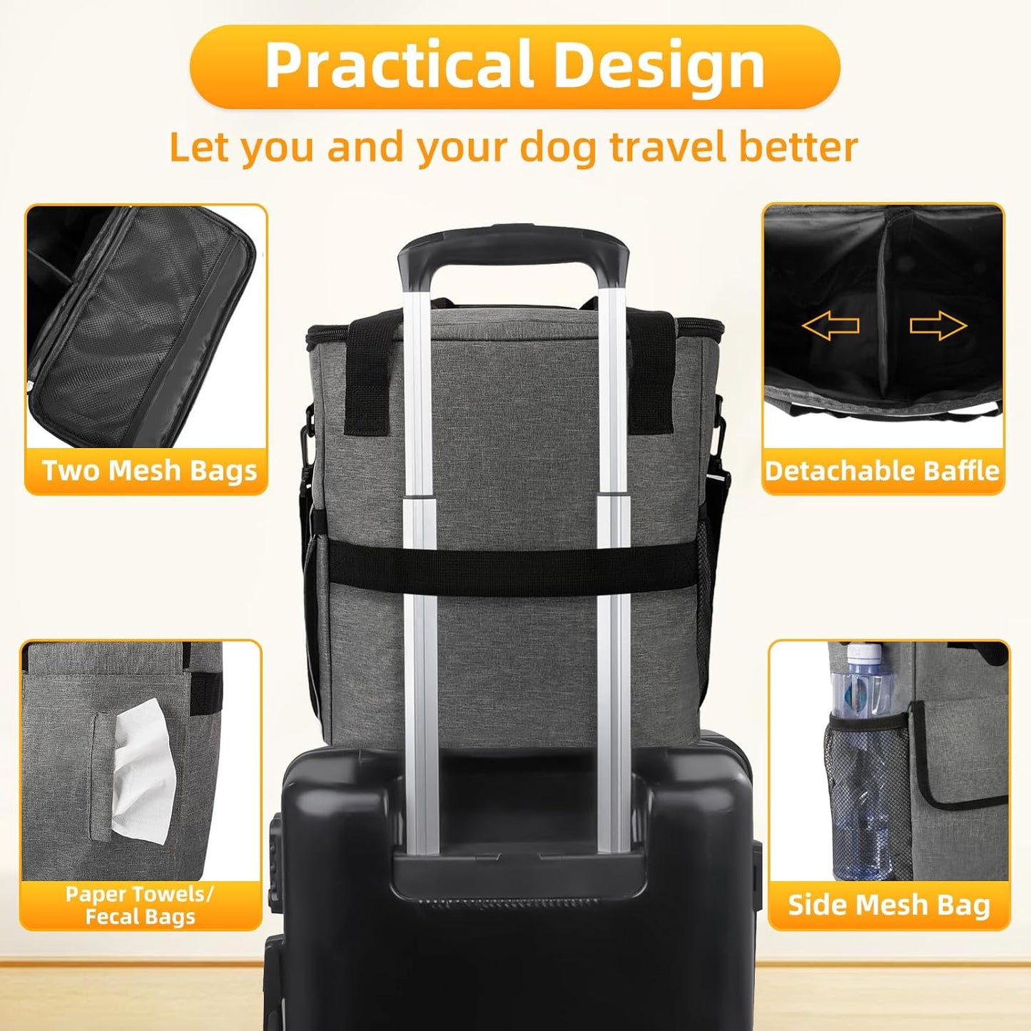 Dog Travel Bag for Camping - Weekend Pet Accessories With 2 Collapsible Bowls, 2 Food Containers, 1 Waterproof Feeding Mat - M, Grey - Pawvie