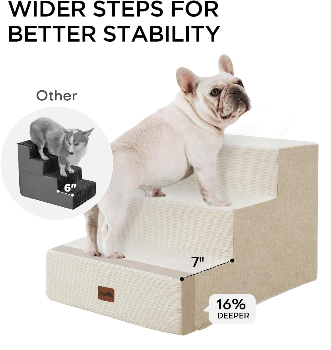 Made4Pets Dog Stairs for Small Dogs, Extra Wide Dog Steps for Bed Couch Sofa and Chair, 35D Foam Pet Steps for Small Dogs and Cats, Non-Slip Bottom Pet Stairs, Beige, 3 Steps