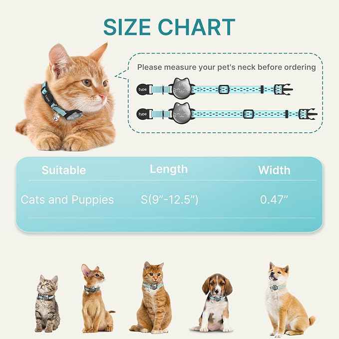 Waterproof Airtag Cat Collar, Breakaway Cat Airtag Collar with Luminous & Reflective Pattern Strap, Lightweight Kitten Collars for Apple Air tag, Hidden Holder for GPS Tracker - Cats, Kittens (9-13")