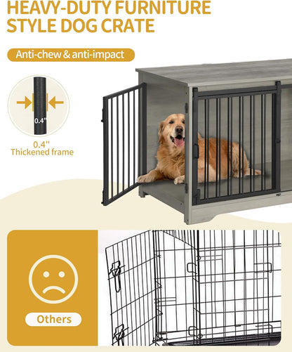 39.4" Heavy Duty Dog Crate Furniture with Barn Door, Wood Indoor Dog Crate Kennel for Small/Medium/Large Dogs, End Side Table, TV Stand, Greige Black DFC02305B