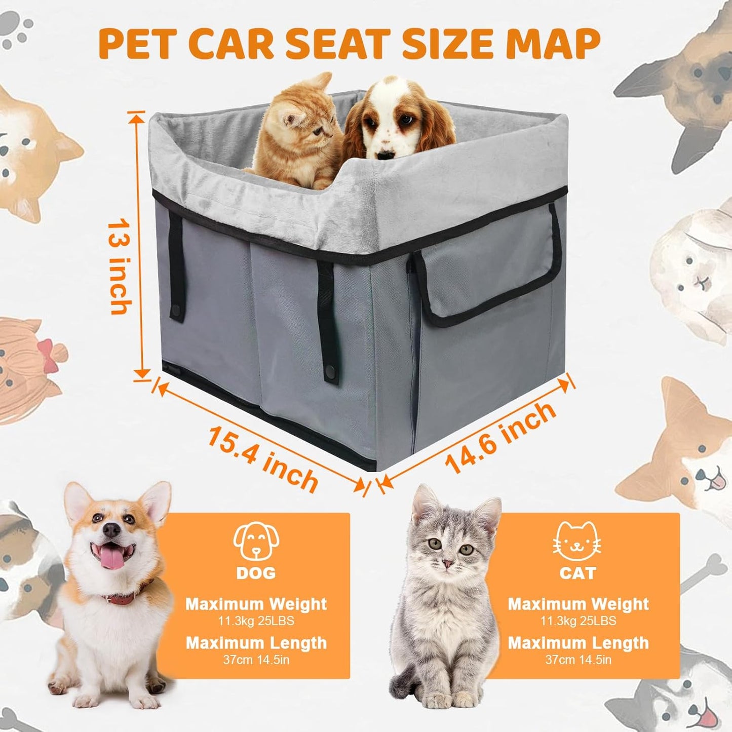 Eunice Small Dog Car Seat, 15.5 in (L) X 14.6 in (W) X 13 in (H) Washable Detachable and Portable Dog Booster Car Seat with Clip-on Safety Leash, Puppy Car Seats Storable Bottom Layer - Up to 25 lbs