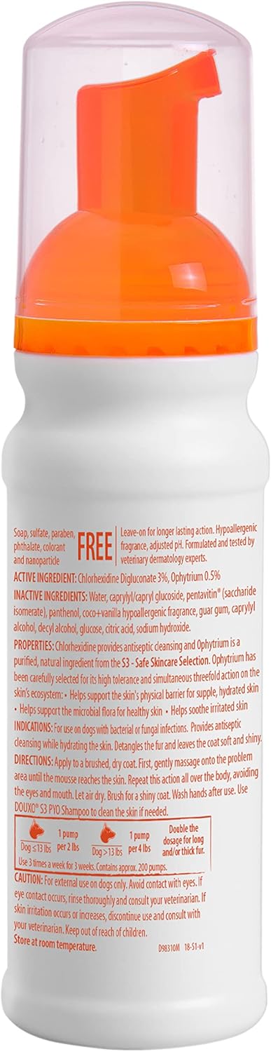 Douxo S3 Pyo Mousse, Contains 3% Chlorhexidine & 0.5% Ophytrium, Antiseptic & Hydrating, for Bacterial or Yeast Skin Infections, for Dogs, 5.1 fl. oz. (150mL)