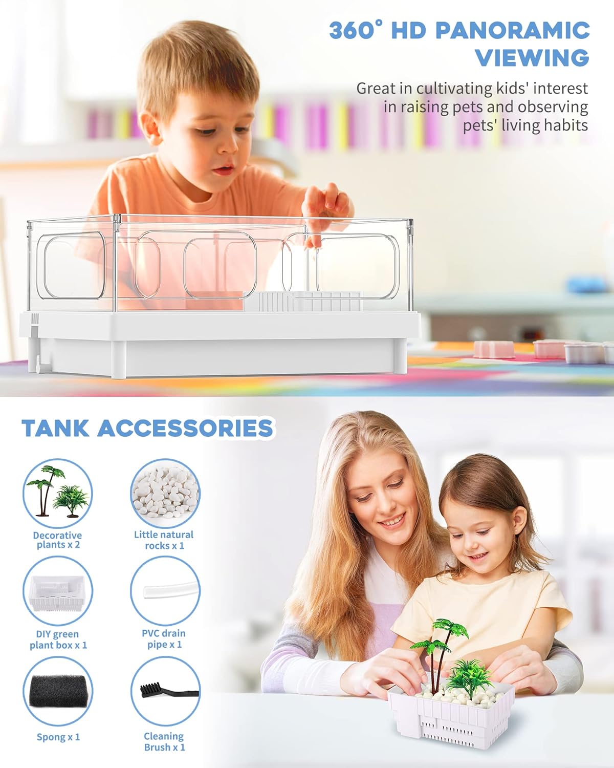 Small Turtle Tank, Aquarium, Acrylic Terrarium with Basking Platform, Bottom Drainage, Multi-Function Areas for Turtles, Crabs, Crayfish, Reptiles. - Pawvie
