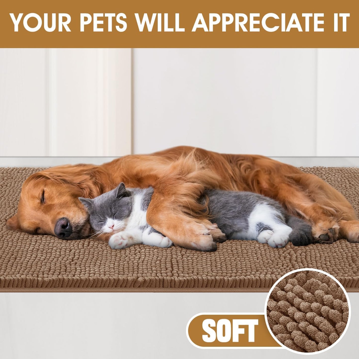Dog Door Mats for Muddy Paws, Chenille Absorbent Door Mats, Non Slip Heavy Mud Mat for Dogs, Soft Indoor Door Mat for Entryway, Mud Paws, Inside Floor,30" X 20", Camel