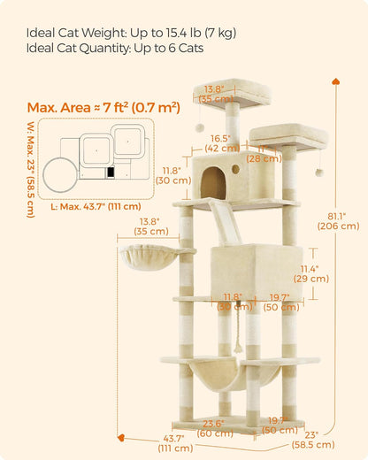 Feandrea Cat Tree, 81.1-Inch Large Cat Tower with 13 Scratching Posts, 2 Perches, 2 Caves, Basket, Hammock, Pompoms, Multi-Level Plush Cat Condo for Indoor Cats, Beige UPCT190M01