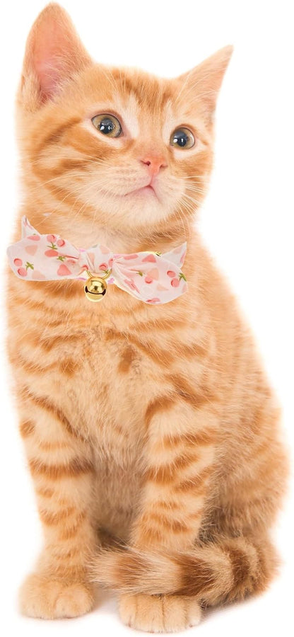 2 Pack Breakaway Cotton Cat Collars with Cute Bunny Ear Bowtie and Bell, Pink Floral Female Kitten Collars