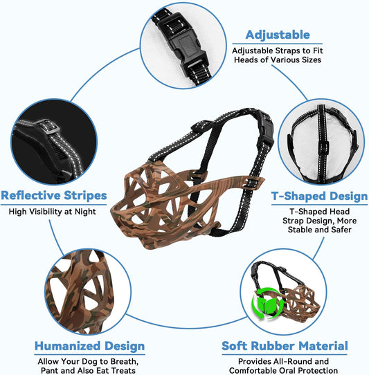 Dog Muzzle for Large Dogs, Breathable Basket Muzzles for Small, Medium and X-Large Aggressive Dog, Allows Panting Drinking, Suitable for Grooming Trimming Training (Camouflage Brown, XL)