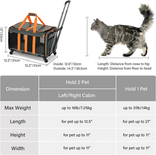 MILADA Large Cat Carrier for 2 Cats, Soft Big Pet Carrier with Wheels, Double Cat Carrier on Wheels, Rolling Pet Carrier for Travel Hiking Shopping and Camping(Not for Air Travel), Orange