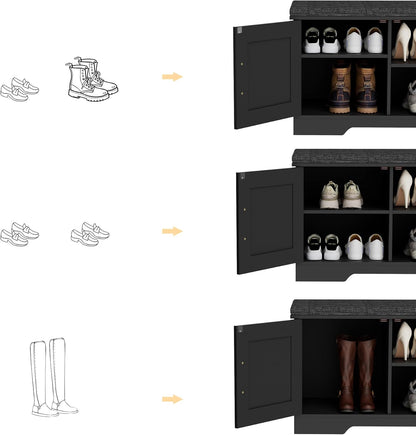 2-Tier Storage Bench, Shoe Bench with Padded Seat Cushion, Entryway Bench with 2 Barn Doors, Adjustable Shelf, 13.8" D x 27.6" W x 17.7" H, for Entryway, Living Room, Bedroom, Black