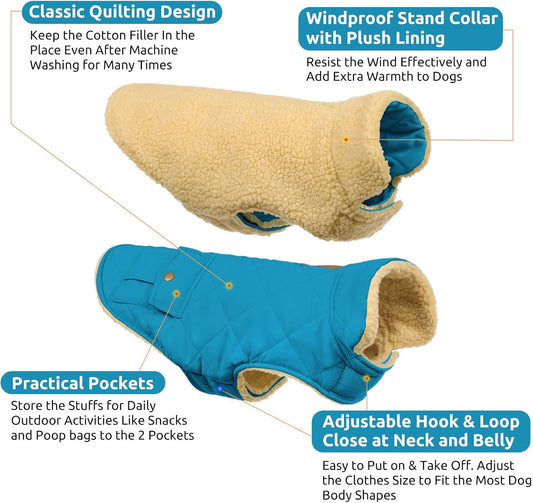 Queenmore Dog Winter Coat Warm Puffer Jacket Waterproof Plush Lining Thermal Cold Weather Vest for Small Medium Large Dogs, Windproof Easy On Pet Jacket Blue M