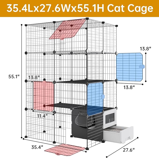 Oneluck Cat Cage with Litter Box,4-Tier DIY Enclosures Large Playpen Detachable Metal Wire Kennel Indoor Crate Large Exercise Place Ideal for 1-2 Cats (35" L x 28" W x 55" H)