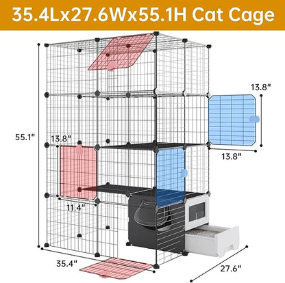 Oneluck Cat Cage with Litter Box,4-Tier DIY Enclosures Large Playpen Detachable Metal Wire Kennel Indoor Crate Large Exercise Place Ideal for 1-2 Cats (35" L x 28" W x 55" H)