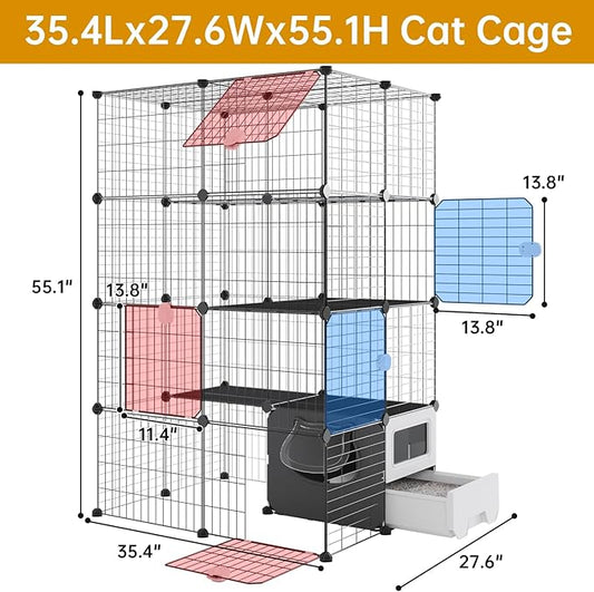 Oneluck Cat Cage with Litter Box,4-Tier DIY Enclosures Large Playpen Detachable Metal Wire Kennel Indoor Crate Large Exercise Place Ideal for 1-2 Cats (35" L x 28" W x 55" H)