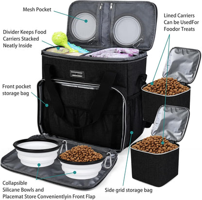 BAGLHER Dog Travel Bag, Pet Travel Bag (All Pet Travel Supplies), with 2 Pet Food Containers and 2 Collapsible Silicone Bowls; Essential Kits for Pet Travel Black
