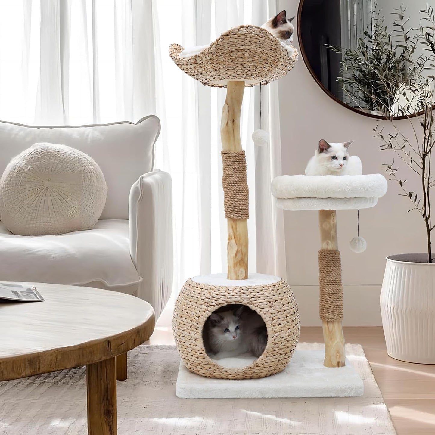 Modern Cat Tree Tower for Indoor Cats, Real Branch Luxury Cat Condo with Scratching Post, Jumping Platforms, Hanging Toy Ball for Multi-Cat Households