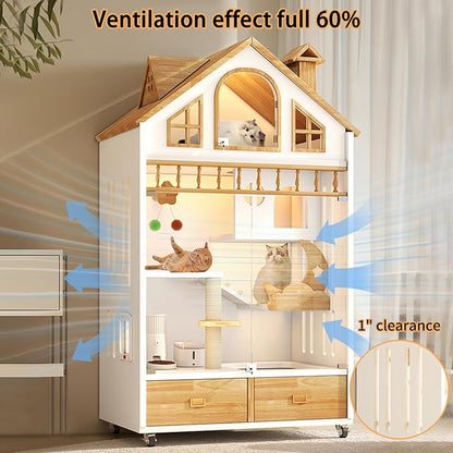 Enclosed Cat Condo, Large Wooden Cats House Indoor Cage Cat Enclosure on Wheels, Multi-Feature Enclosed Condo with Litter Box Drawer for Indoor Cats,63" X 35" X 24" (White, 63" X 35" X 24")