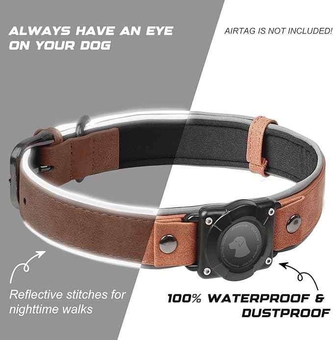 Leather AirTag Dog Collar, Waterproof Dog Collar with Air Tag Holder, Compatible with Apple Air Tag, Reflective, Durable, Comfortable Padded GPS Dogs Collars (MahoganyBrown, M)