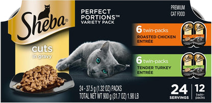 Sheba Perfect Portions Wet Cat Food Cuts in Gravy Variety Pack, Roasted Chicken Entree and Tender Turkey Entree, 2.6 oz. Twin-Pack Trays (12 Count, 24 Servings)