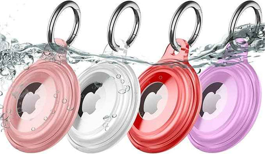4 Pack IPX8 Waterproof Compatible with AirTag Keychain Holder Case, Lightweight, Anti-Scratch, Easy Installation,Soft Full-Body Shockproof for Luggage,Keys, Dog Collar (Pink/Clear/Red/Purple)