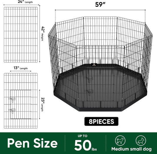 PJYuCien Dog Playpen, 8 Panels 42’’H Dog Pens Indoor with Bottom Pad, Metal Foldable Pet Puppy Exercise Fence Crate Kennel, Better for Medium and Big Animals,Black