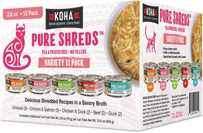 KOHA Pure Shreds Cat Variety Pack, High Protein Wet Cat Food - 5 Flavors - Beef, Duck, Chicken & Duck and Chicken & Salmon Food for Cats - 2.8 oz Cans, Pack of 12